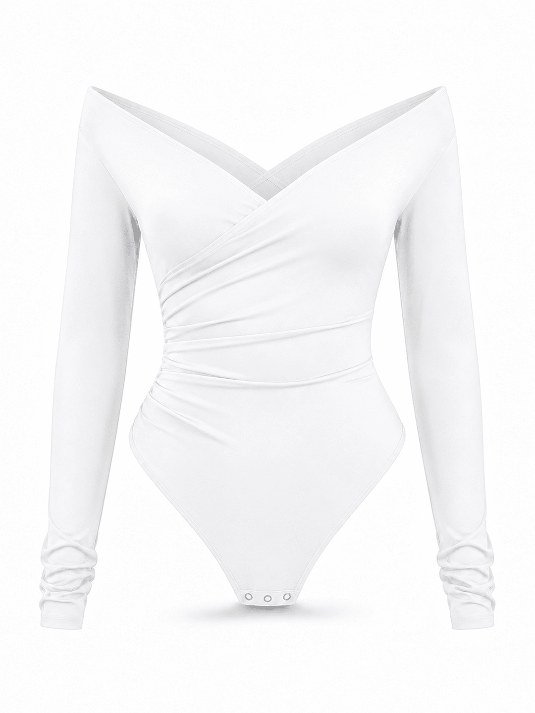 A white long-sleeve bodysuit with a wrap-style V-neckline and gathered ruching at the waist, shown on a plain white background.