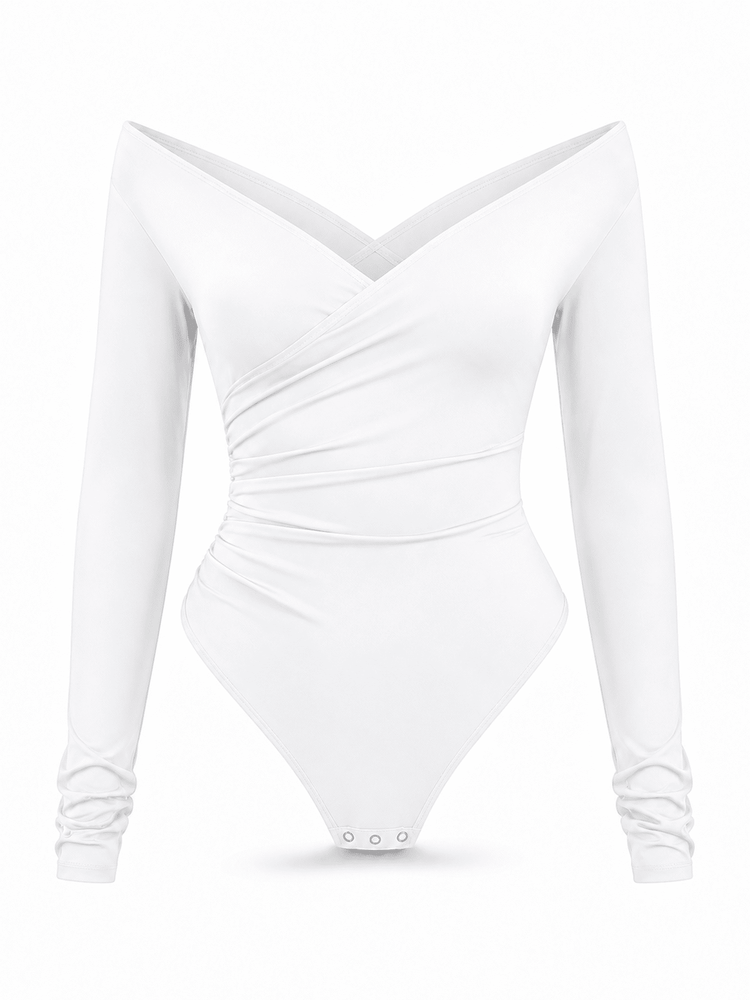 A white long-sleeve bodysuit with a wrap-style V-neckline and gathered ruching at the waist, shown on a plain white background.