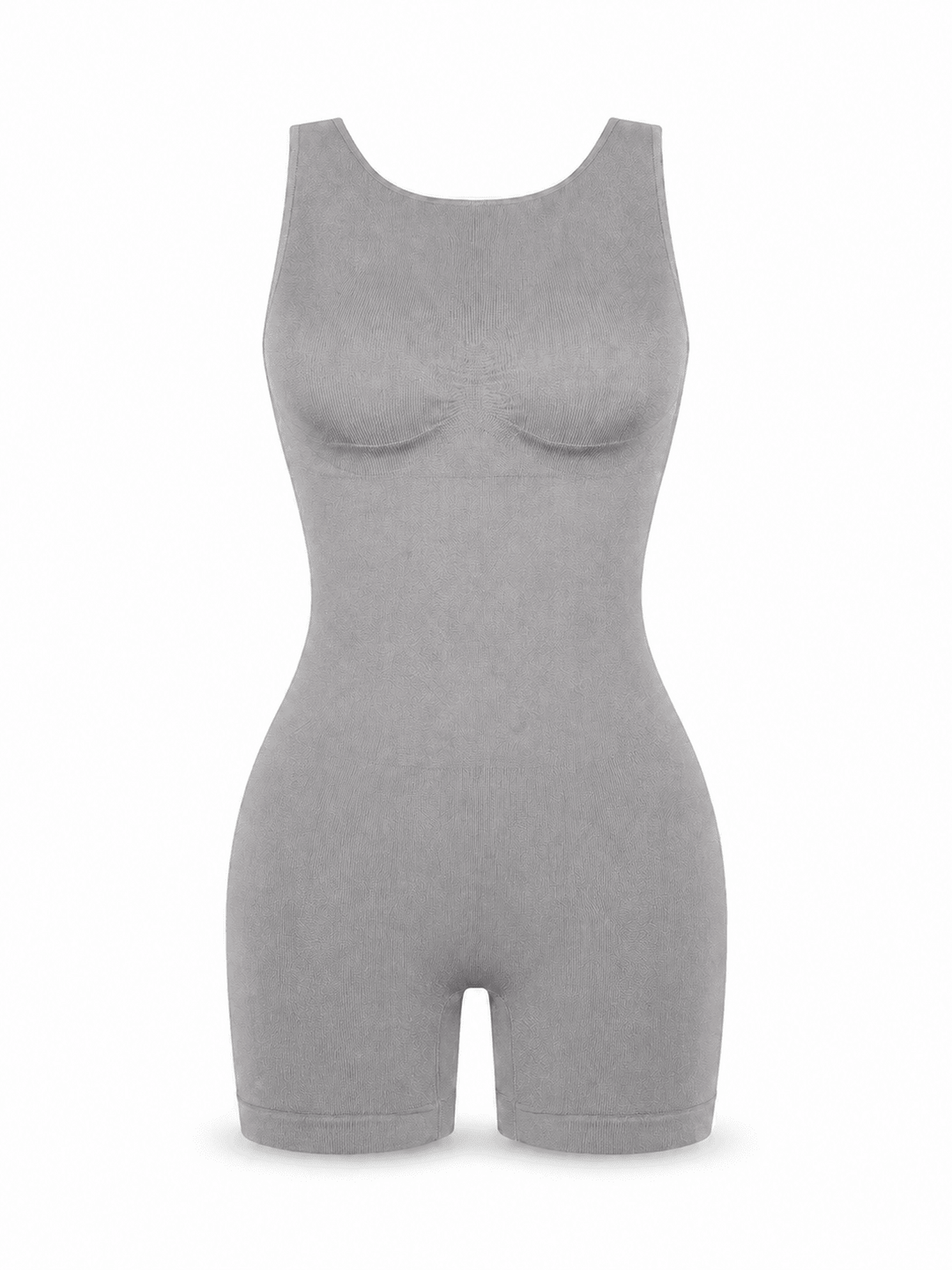 A light gray sleeveless bodysuit with built-in molded cups and short legs, displayed on a clean white background.