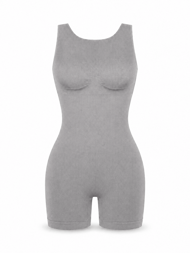 A light gray sleeveless bodysuit with built-in molded cups and short legs, displayed on a clean white background.