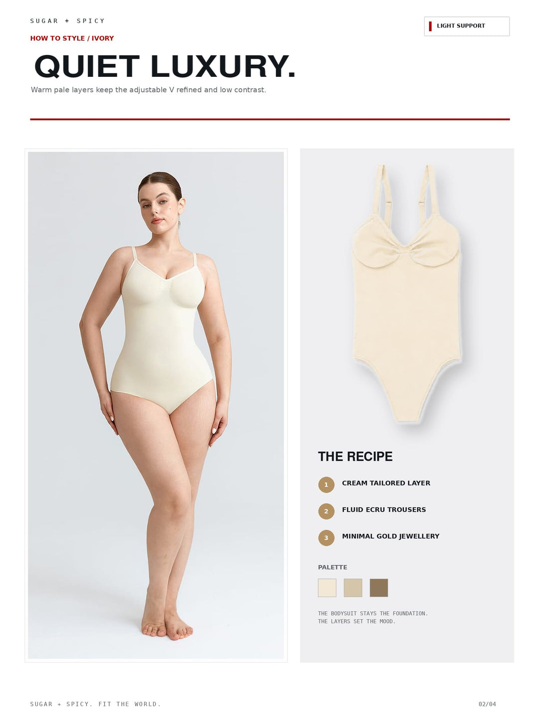 A catalog page showing a model wearing a cream shapewear bodysuit on the left and a flat product rendering of the same bodysuit on the right, with text describing the product and color palette. The page header reads &