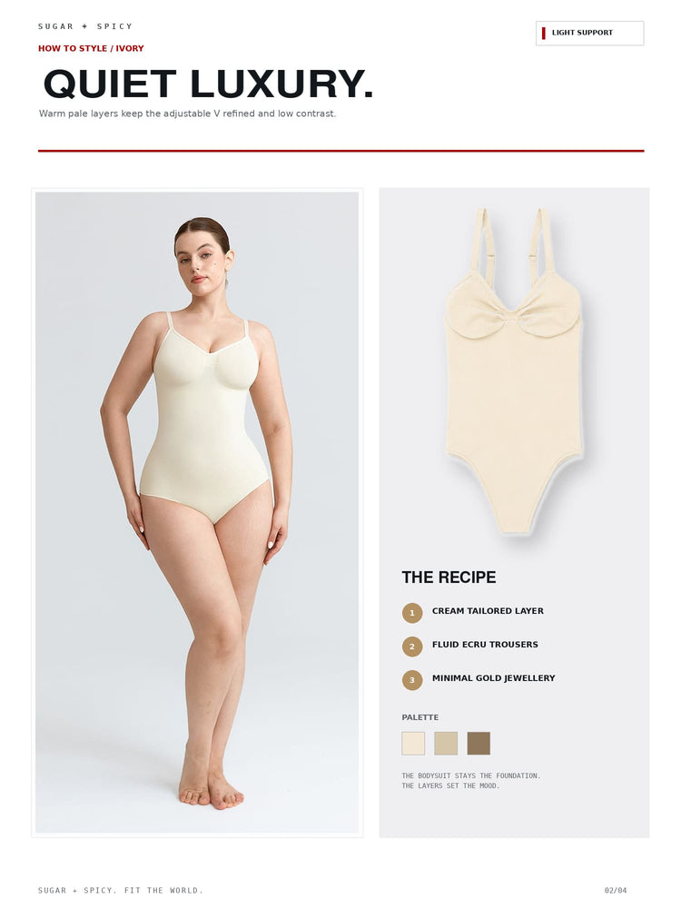 A catalog page showing a model wearing a cream shapewear bodysuit on the left and a flat product rendering of the same bodysuit on the right, with text describing the product and color palette. The page header reads 'QUIET LUXURY.
