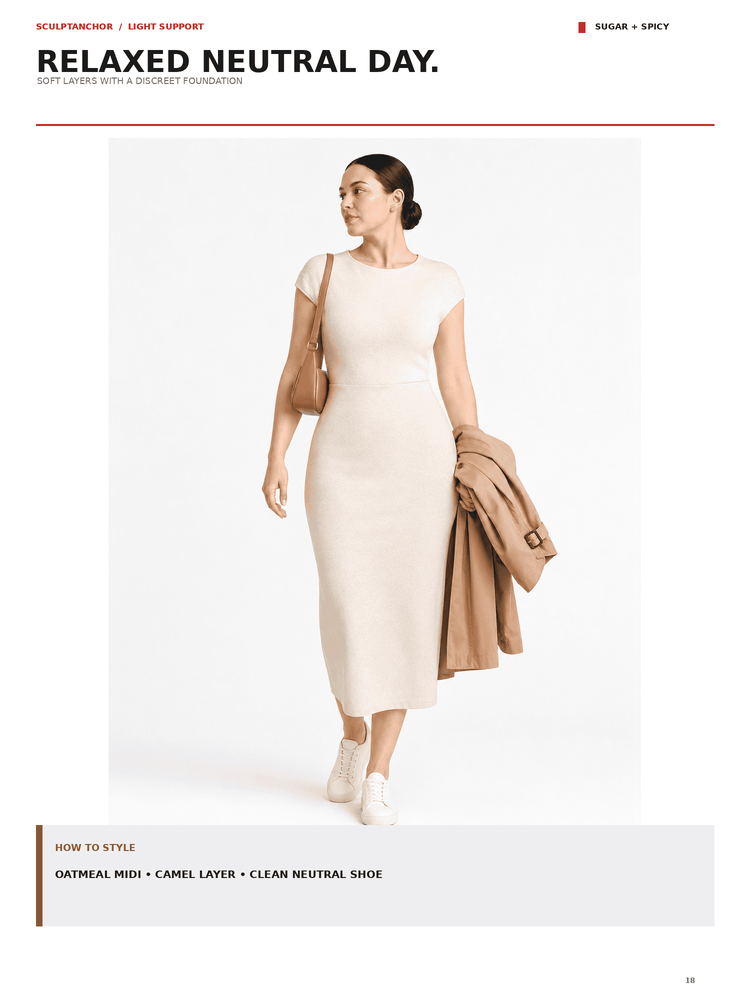 A woman modeling a fitted oatmeal midi dress with short sleeves and white sneakers, styled with a camel jacket draped over one arm and a tan shoulder bag. The image appears to be from a fashion editorial or packaging insert with text reading 'RELAXED NEUTRAL DAY.