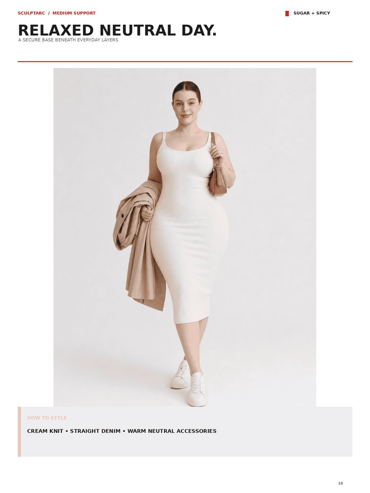 A model wearing a fitted cream knit midi dress and white sneakers, holding a beige jacket, on a light gray studio background. The image is styled like a fashion editorial page with text headers reading 'RELAXED NEUTRAL DAY.