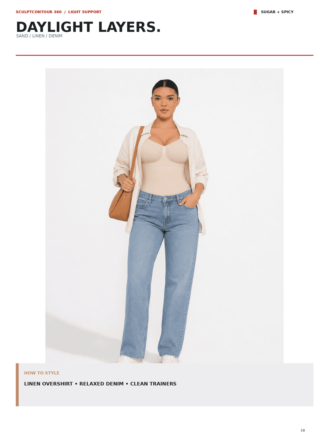 A model stands against a light gray studio background wearing a cream linen overshirt over a beige bodysuit, light-wash blue jeans, and white sneakers, while carrying a tan shoulder bag. Text at the top reads &