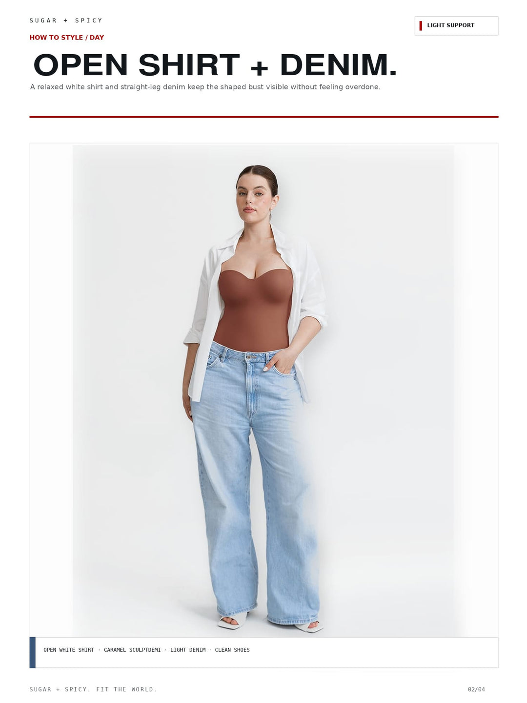 A model stands against a white studio background wearing a light wash wide-leg denim skirt, a brown camisole, and an open white shirt. Large headline text at the top reads &