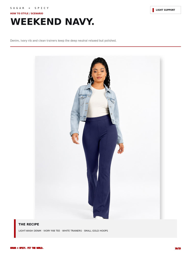 A model wearing a pair of dark navy wide-leg pants with a white tee, a light blue denim jacket, and a black top, standing against a white studio background. The image is a styled catalog page with text overlays reading 'WEEKEND NAVY' and 'THE RECIPE'.