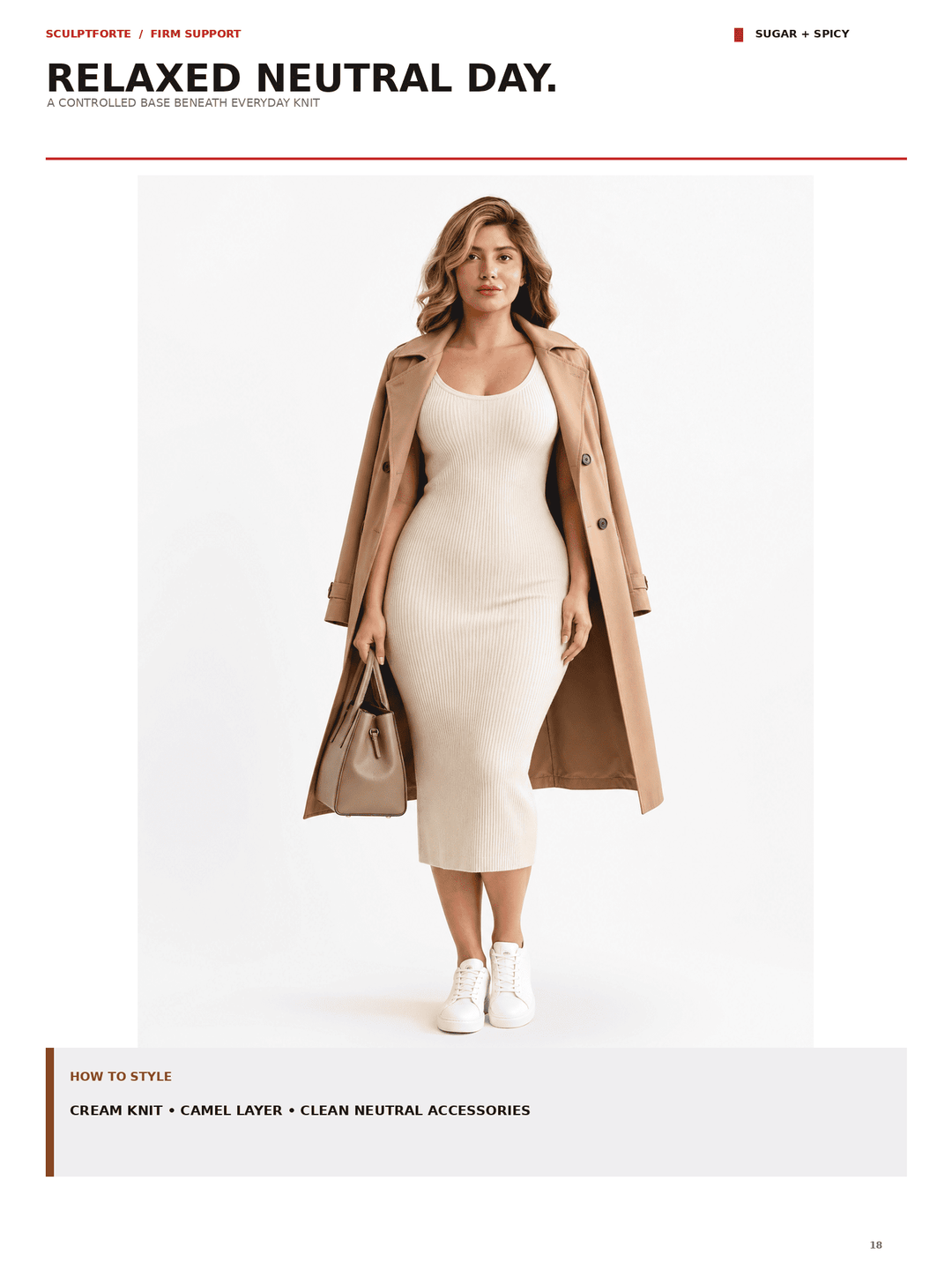 A woman stands against a white studio background wearing a cream ribbed knit midi dress, a camel trench coat, white sneakers, and carrying a taupe handbag. The page includes the headline &
