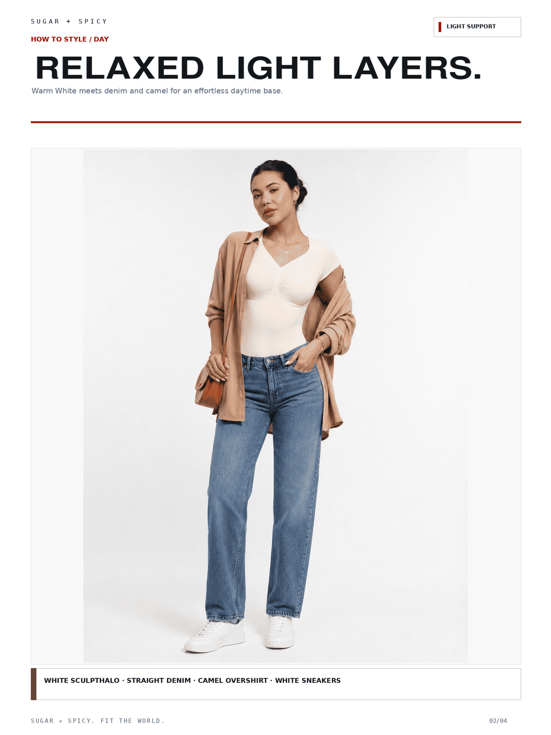 A fashion editorial photo showing a model wearing a beige cardigan, white camisole, blue jeans, and white sneakers against a plain white studio background. Large text at the top reads &