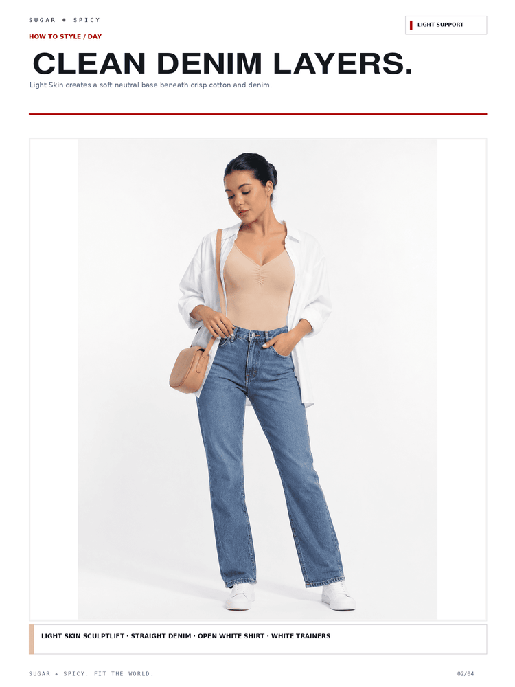 A model wearing light wash blue denim jeans, a white open shirt, and a beige camisole, standing against a white studio background. The image is part of a fashion editorial page titled 'CLEAN DENIM LAYERS.