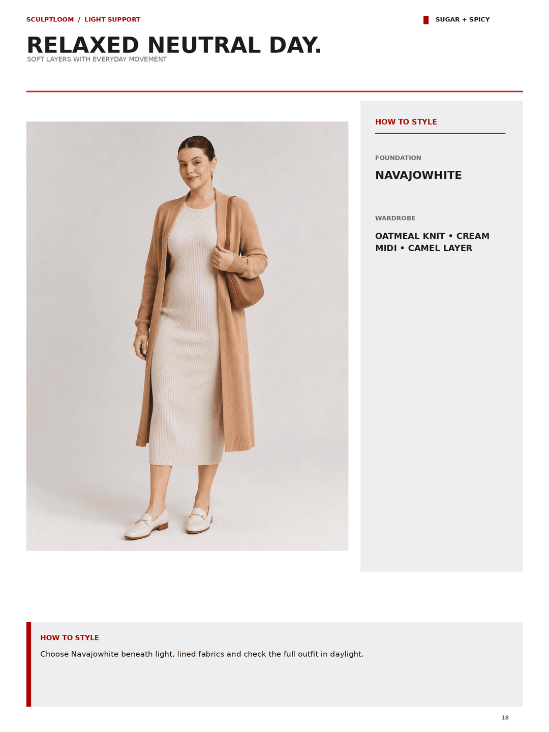 A fashion styling page showing a woman wearing a cream midi dress, tan knit cardigan, and white loafers, with text reading &