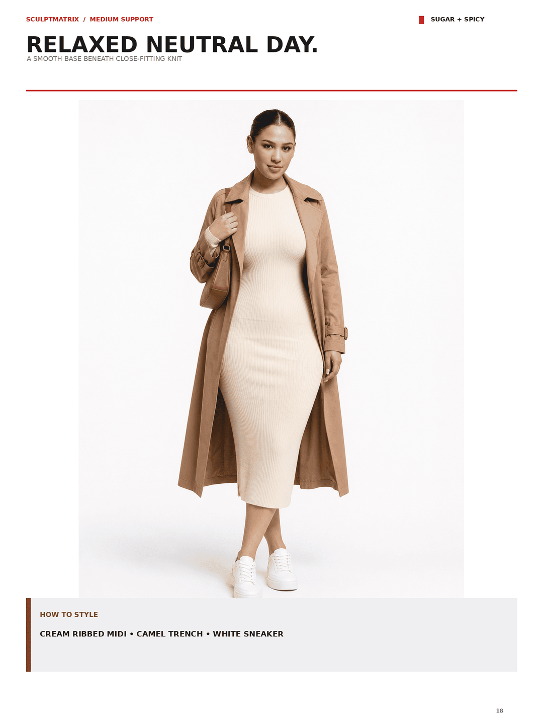 A model wears a camel trench coat over a cream ribbed midi dress with white sneakers, set against a clean white studio background. The page includes text reading &