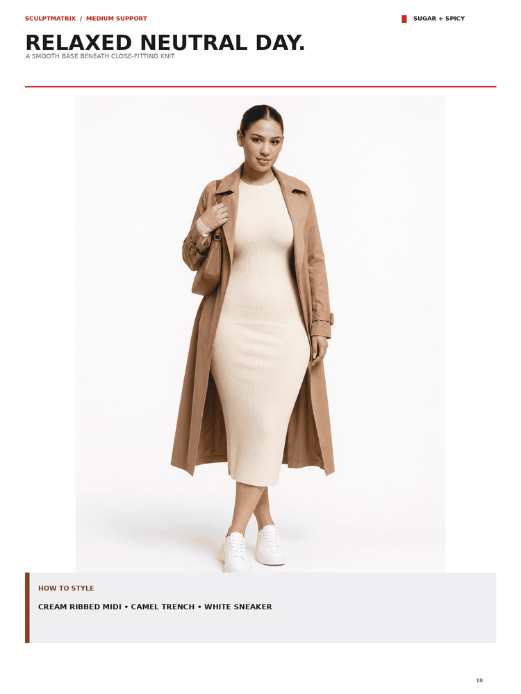 A model wears a camel trench coat over a cream ribbed midi dress with white sneakers, set against a clean white studio background. The page includes text reading 'RELAXED NEUTRAL DAY.