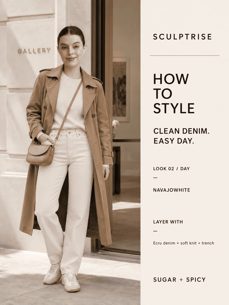 A fashion editorial-style image with a woman standing outdoors wearing a camel trench coat, white top and wide-leg jeans, and white sneakers, while holding a small tan crossbody bag. The right side has large text reading 'SCULPTRISE HOW TO STYLE CLEAN DENIM.