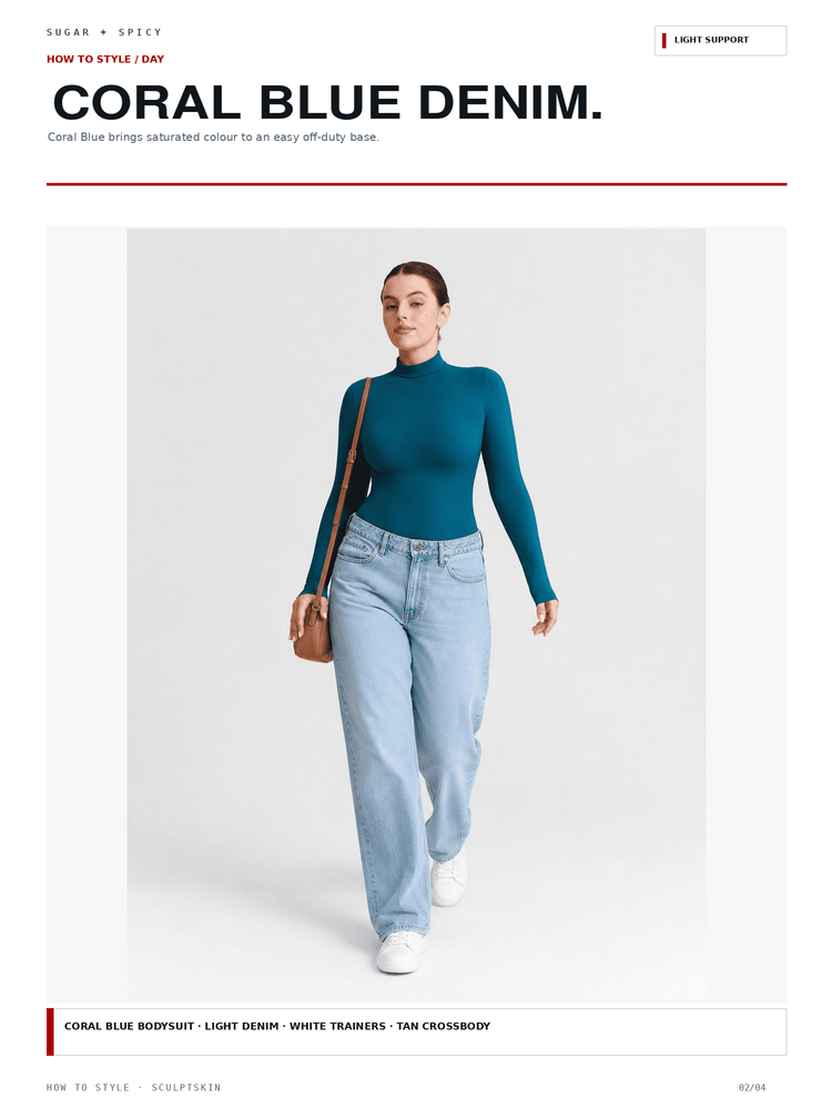 A model walks against a light gray studio background wearing a fitted teal-blue long-sleeve top, light-wash wide-leg denim jeans, white sneakers, and carrying a brown shoulder bag. The page header reads 'CORAL BLUE DENIM.