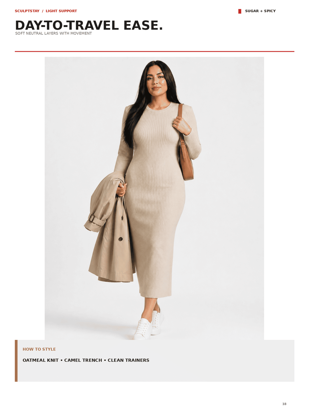 A woman modeling a ribbed oatmeal knit midi dress with long sleeves, styled with a camel trench coat, a brown shoulder bag, and white sneakers on a light gray background.
