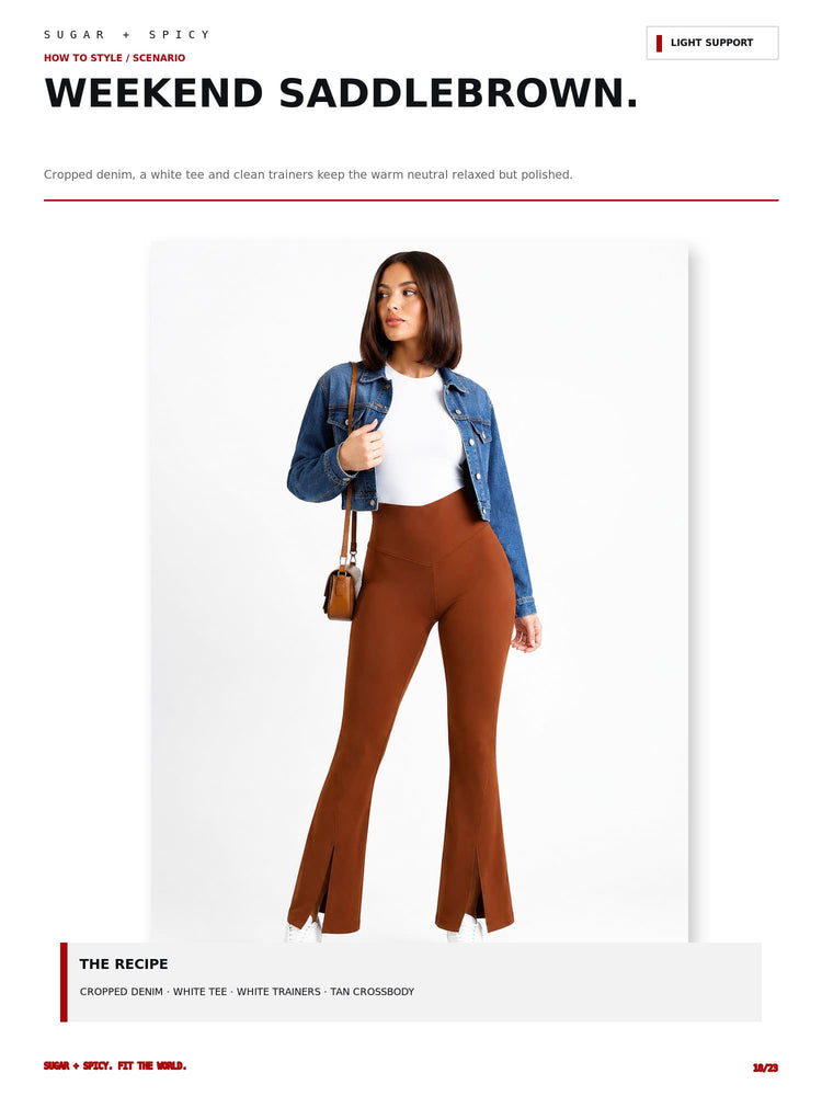 A fashion editorial page showing a model wearing a coordinated outfit labeled as 'Weekend Saddlebrown.' The outfit includes brown flared pants, a white tee, a blue denim jacket, and a brown shoulder bag.