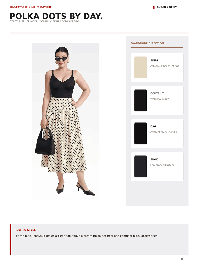 A fashion catalog page showing a model wearing a black spaghetti-strap top and a cream polka-dot midi skirt, styled with a black handbag and sunglasses. The page includes text reading 'POLKA DOTS BY DAY.