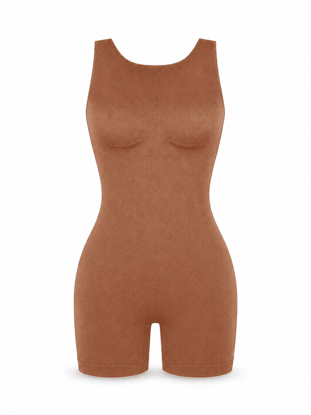 A sleeveless, bodycon short romper in a warm terracotta brown color, displayed on a clean white background.