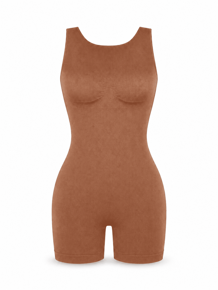 A sleeveless, bodycon short romper in a warm terracotta brown color, displayed on a clean white background.