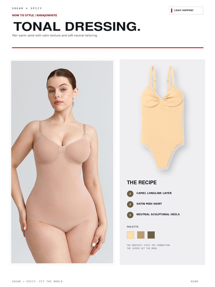 A fashion catalog page titled 'TONAL DRESSING.' showing a model wearing a nude-toned bodysuit on the left and a flat product rendering of a matching one-piece swimsuit on the right, with text describing the color story and palette.
