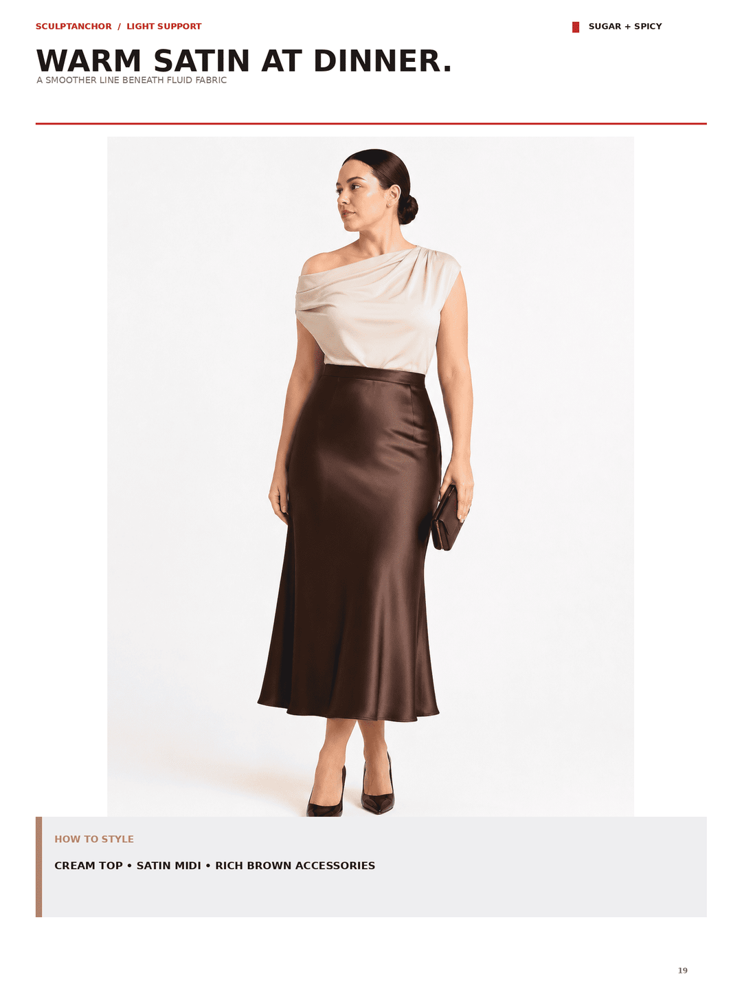 A model wearing a cream one-shoulder satin top and a rich brown satin midi skirt, styled with black heels and a small black clutch, set against a clean white background with editorial text.
