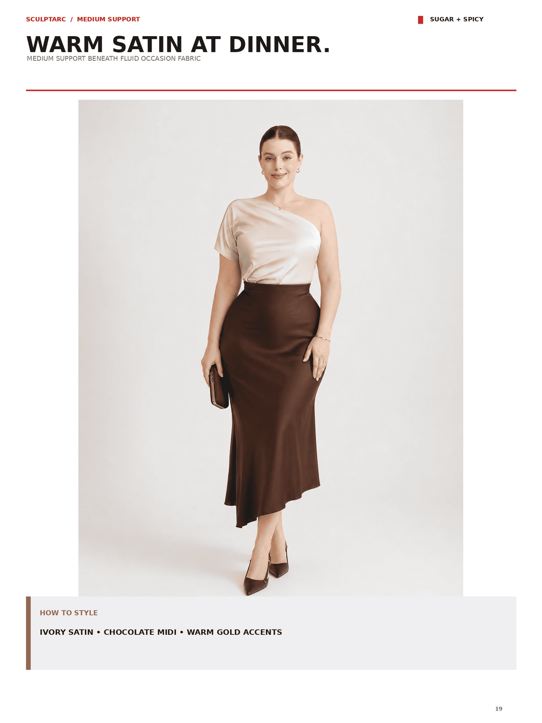 A model wearing a warm ivory one-shoulder satin top and a chocolate brown satin midi skirt, styled with gold accessories against a light gray studio background. The image is presented within a fashion catalog page layout with text headers.
