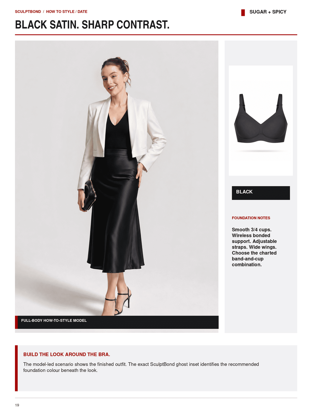 A fashion catalog page showing a model wearing a black satin bra with a white blazer and black skirt, alongside a product inset of the black bra and explanatory text about fit and styling.