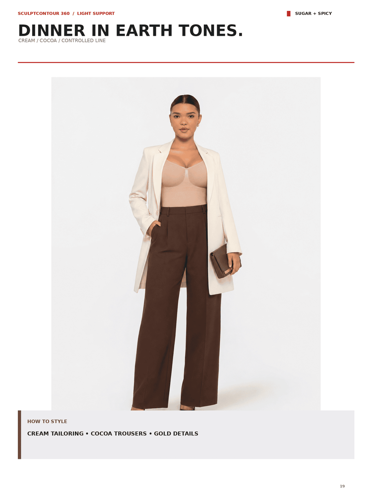 A fashion editorial page showing a model wearing a cream blazer, brown wide-leg trousers, and a nude top against a light gray background, with text reading 'DINNER IN EARTH TONES.' and 'SCULPT CONTOUR 345 | LIGHT SUPPORT'.