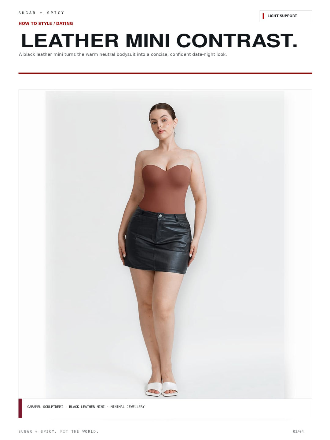 A model stands against a light gray studio background wearing a strapless brown bandeau-style top and a black faux-leather mini skirt. Large text at the top reads &