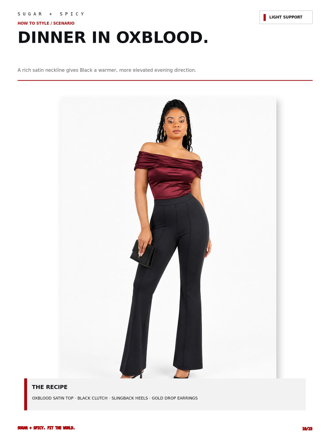 A fashion editorial page showing a model wearing a satin off-the-shoulder burgundy top and black flared pants against a white background, with text reading &
