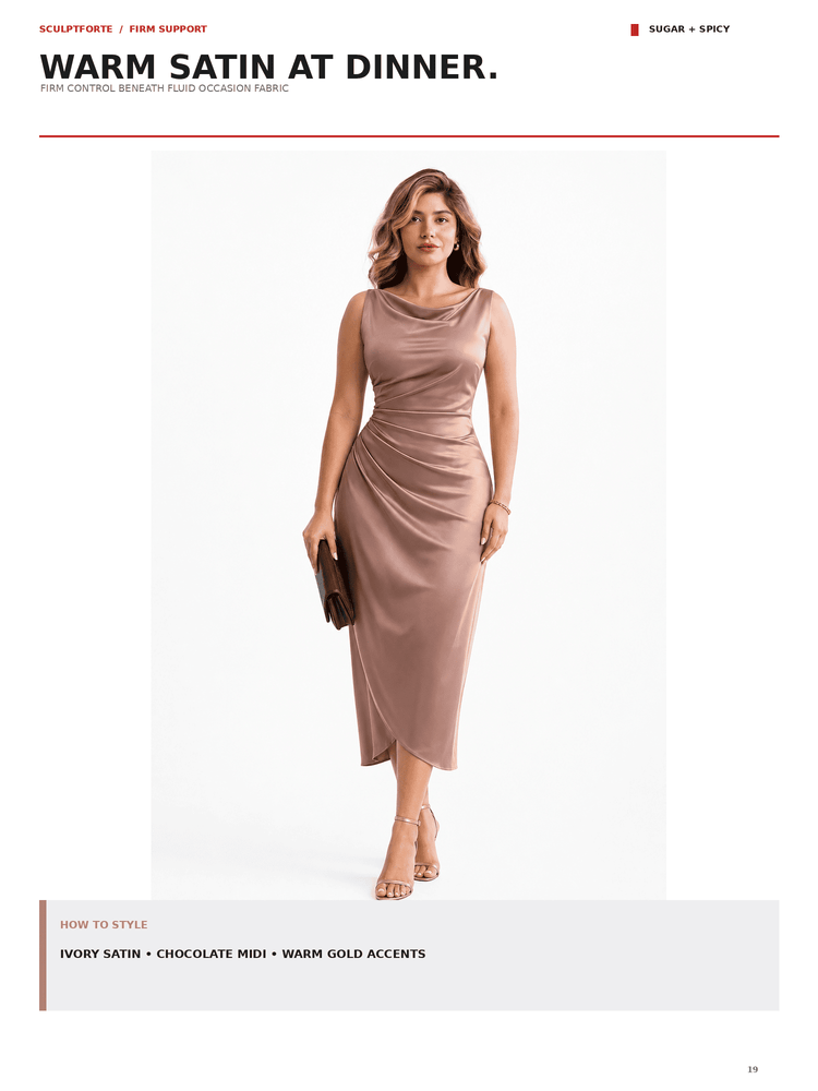 A model wears a sleeveless warm ivory satin midi dress with a draped cowl neckline and gathered ruching at the waist, styled with nude high heels and a small dark clutch against a white studio background. Page text reads 'WARM SATIN AT DINNER' and 'HOW TO STYLE: IVORY SATIN • CHOCOLATE MIDI • WARM GOLD ACCENTS'.
