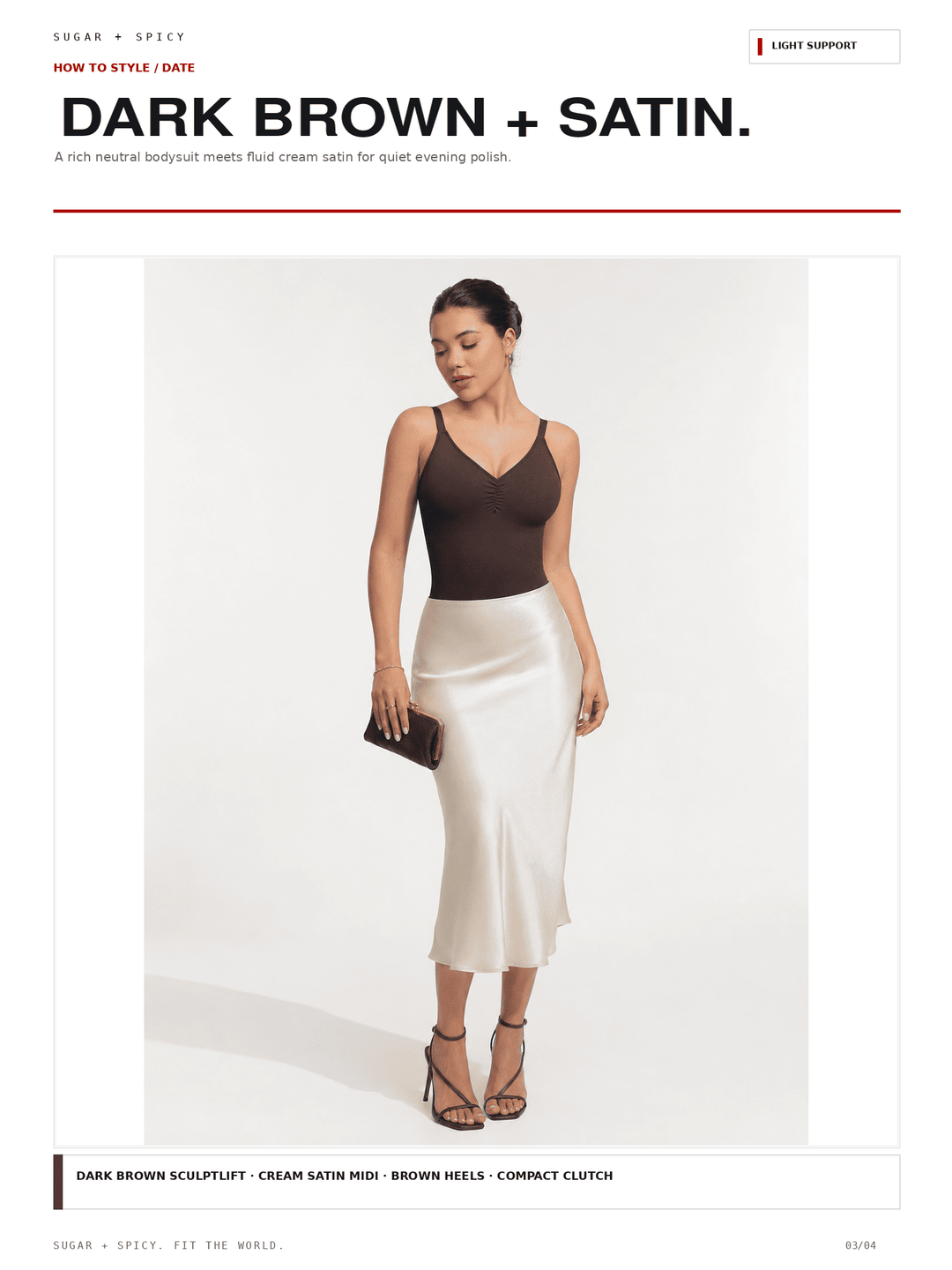 A fashion editorial page showing a model wearing a dark brown sleeveless top and a cream satin midi skirt, holding a small dark clutch. The page header reads &