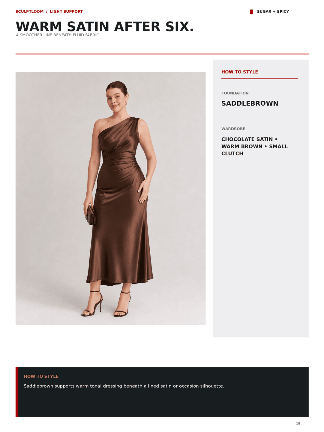 A fashion catalog page showing a model wearing a satin one-shoulder dress in saddle brown, with text on the right detailing styling and color information.