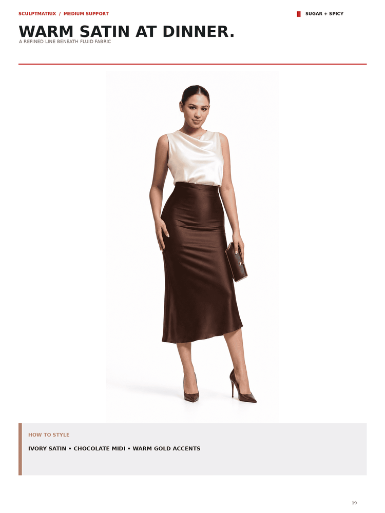 A fashion catalog page showing a model wearing a satin ivory sleeveless top and a chocolate brown satin midi skirt, styled with a small brown clutch and heels. The page includes text headers reading 'WARM SATIN AT DINNER' and 'HOW TO STYLE'.