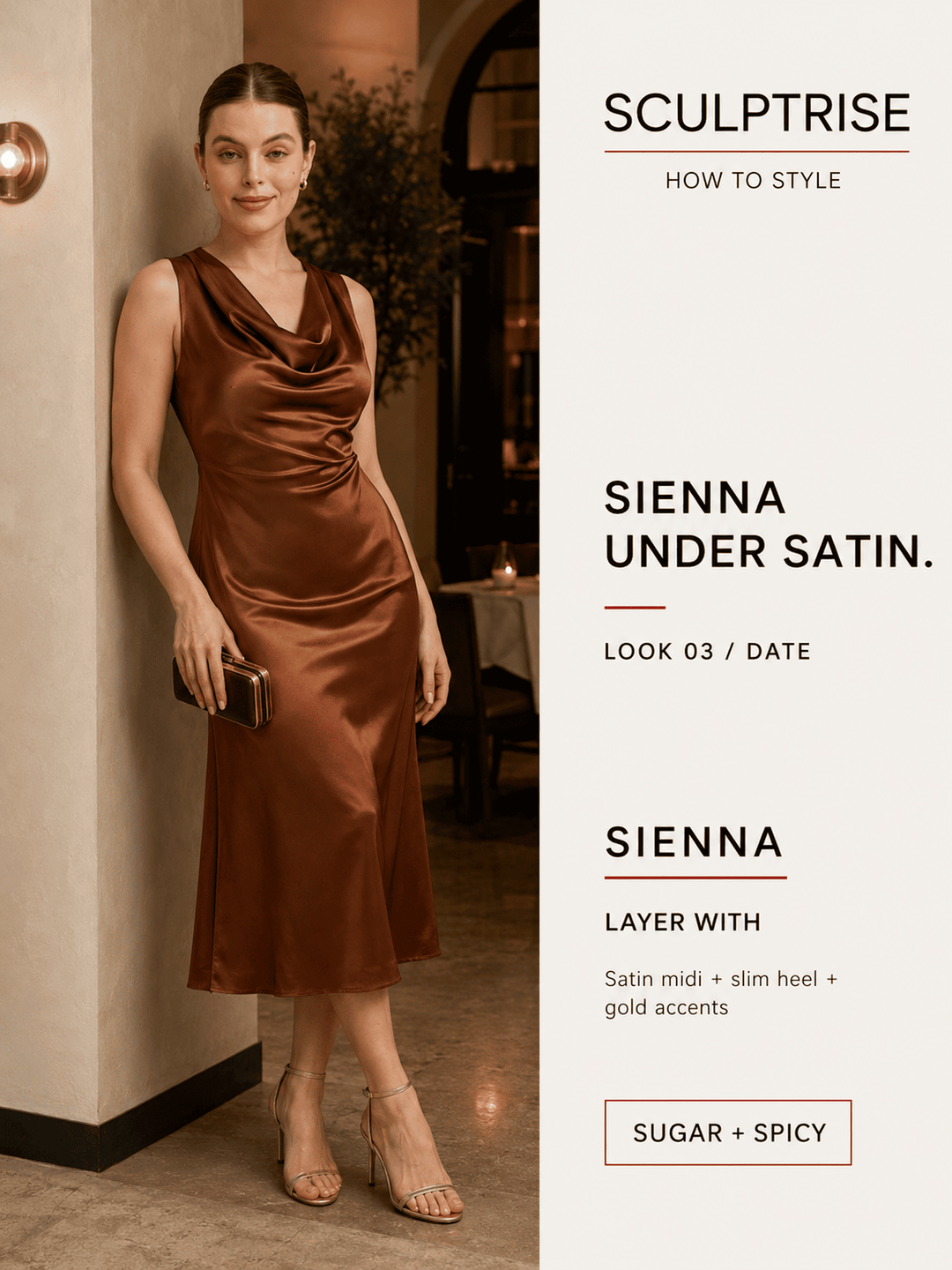 A woman models a satin midi dress in a warm brown tone, styled with nude heels and a small clutch in an indoor setting. The right side of the image features a cream panel with text reading &