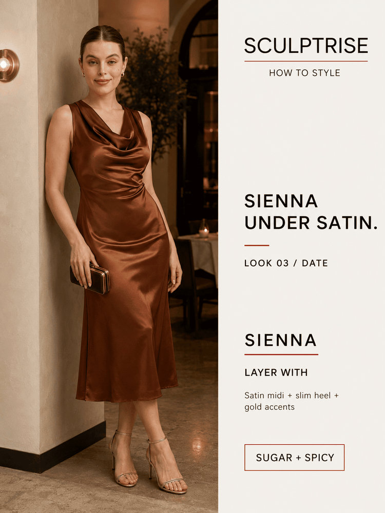 A woman models a satin midi dress in a warm brown tone, styled with nude heels and a small clutch in an indoor setting. The right side of the image features a cream panel with text reading 'SCULPTRISE', 'SIENNA UNDER SATIN.