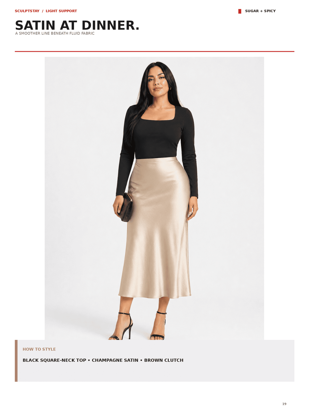 A model is shown wearing a black long-sleeve square-neck top and a champagne beige satin midi skirt, styled with a black clutch and black high-heeled sandals. The image is presented on a fashion editorial page titled &