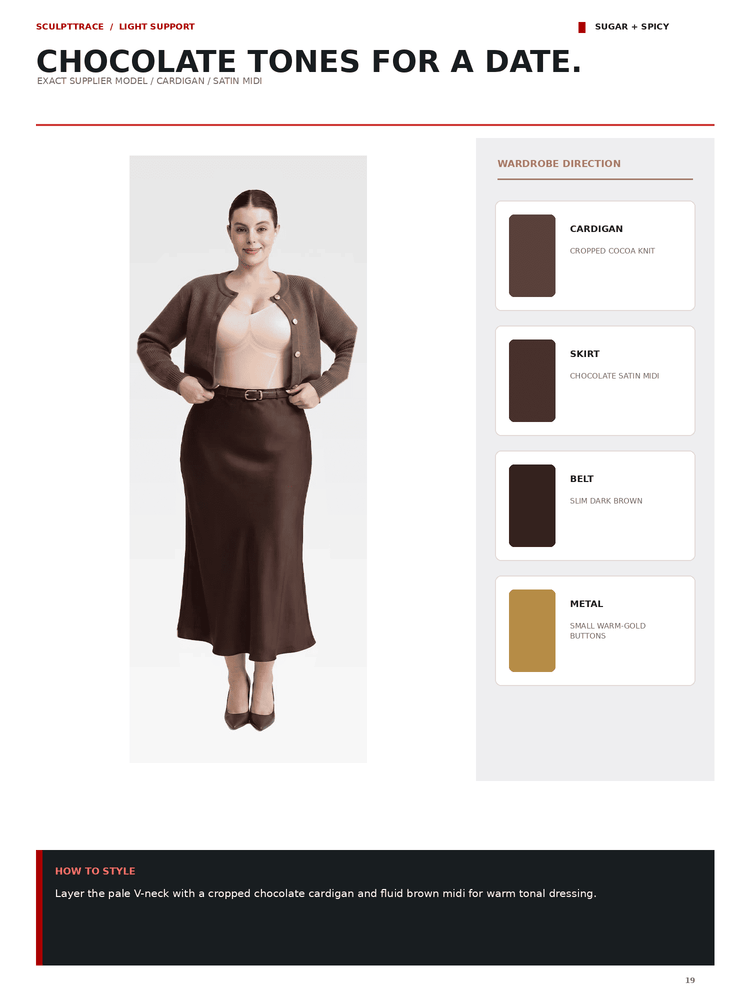 A fashion color guide page titled 'CHOCOLATE TONES FOR A DATE.' showing a model wearing a chocolate brown cardigan and matching skirt, with color swatches and text labels for components like cardigan, skirt, belt, and metal.