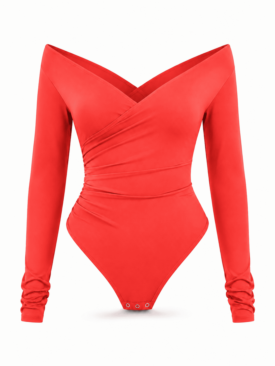 A bright red long-sleeve bodysuit with a dramatic off-the-shoulder wrap-style neckline, ruched waist, and three snap buttons at the crotch, shown on a plain white background.