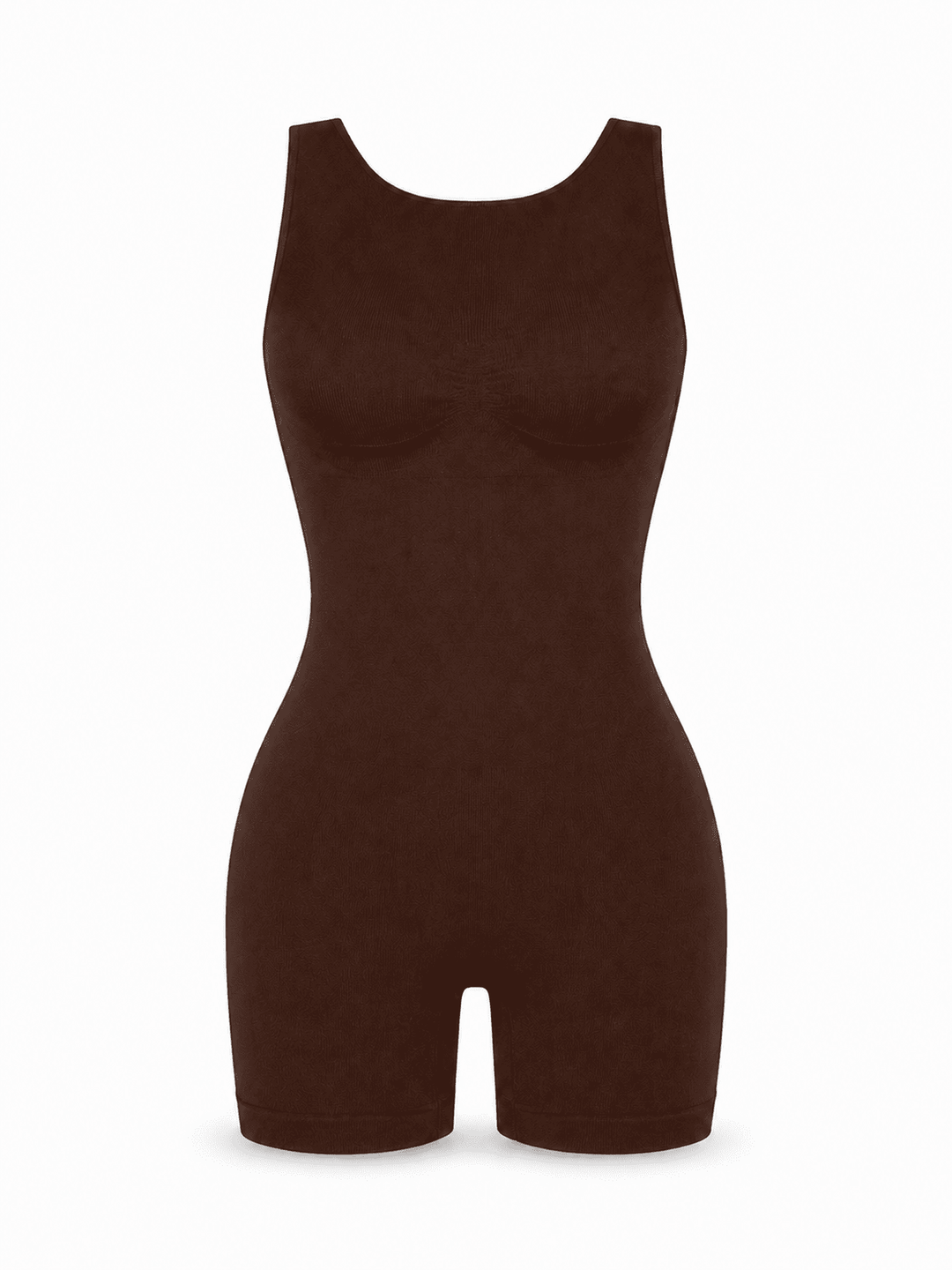 A dark brown sleeveless bodysuit or shapewear jumpsuit with a scoop neckline and short legs, shown on a plain white background.