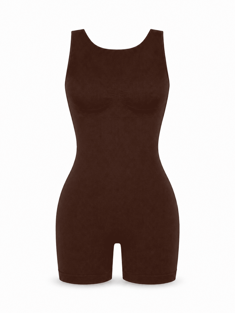 A dark brown sleeveless bodysuit or shapewear jumpsuit with a scoop neckline and short legs, shown on a plain white background.