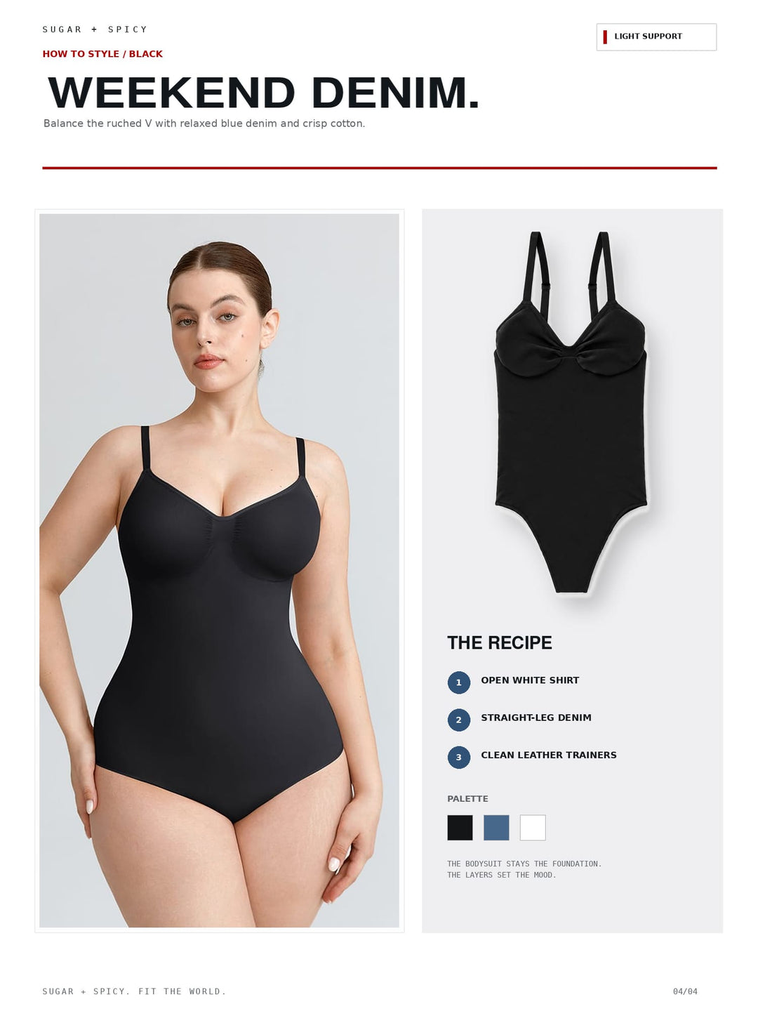 A fashion catalog page for Weekend Denim featuring a model wearing a black ruched one-piece swimsuit on the left and a flat product shot of the same black swimsuit on the right, with styling text and a color palette on a light gray background.