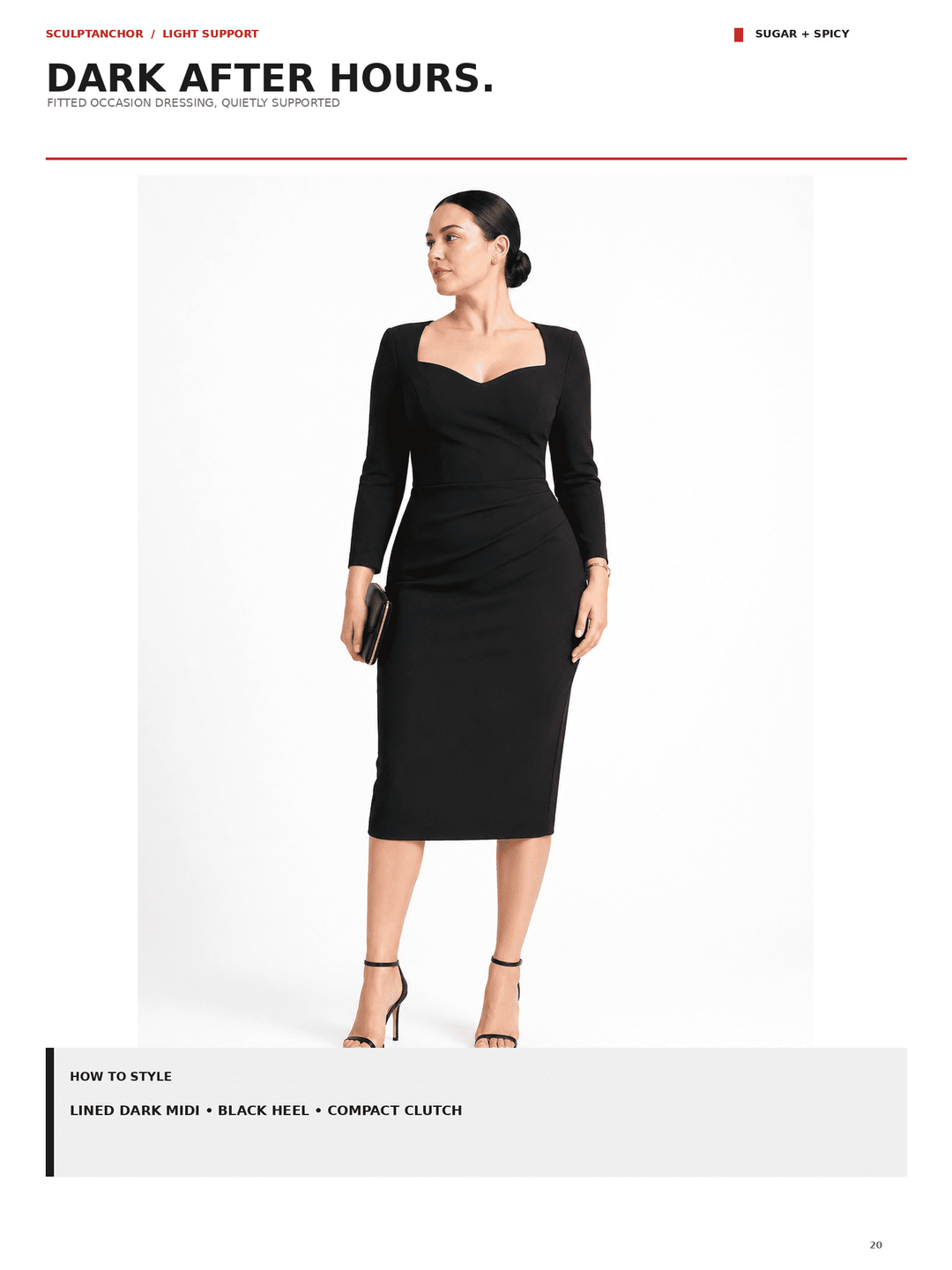 A model wearing a fitted black long-sleeve knee-length dress with a sweetheart neckline, shown on a white page from a fashion catalog with text overlays.