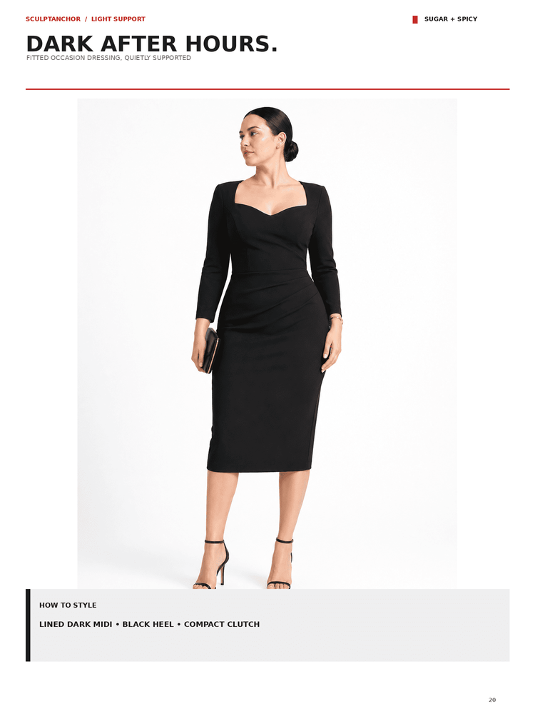 A model wearing a fitted black long-sleeve knee-length dress with a sweetheart neckline, shown on a white page from a fashion catalog with text overlays.