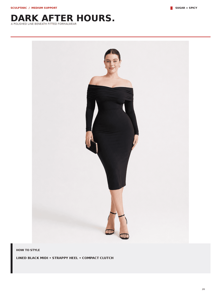 A model wearing a black off-the-shoulder long-sleeve midi dress with black strappy heels, standing against a light gray studio background. The image is presented within a catalog page layout with text headers reading 'DARK AFTER HOURS.