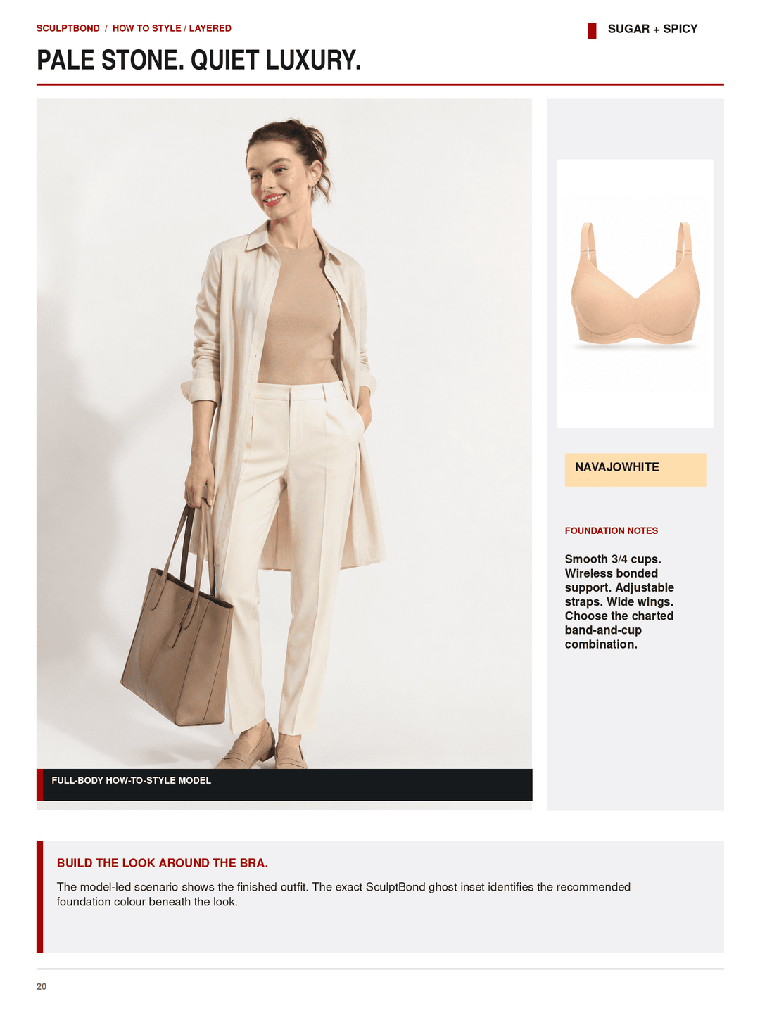 A fashion catalog page showing a model wearing a beige lingerie set, including a beige band-aid bra, matching beige top and trousers, with styling notes and a small inset product view of the bra.