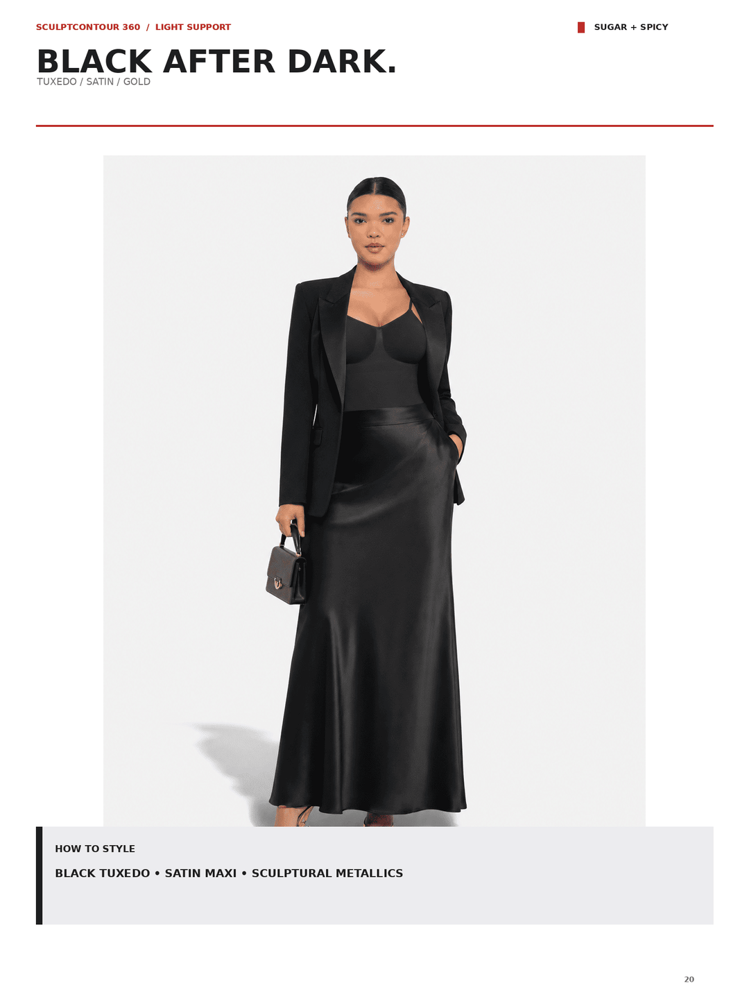 A model wears a black satin maxi skirt with a matching structured blazer, styled with a black cutout camisole and a small dark handbag against a light gray studio background. The page includes the text &