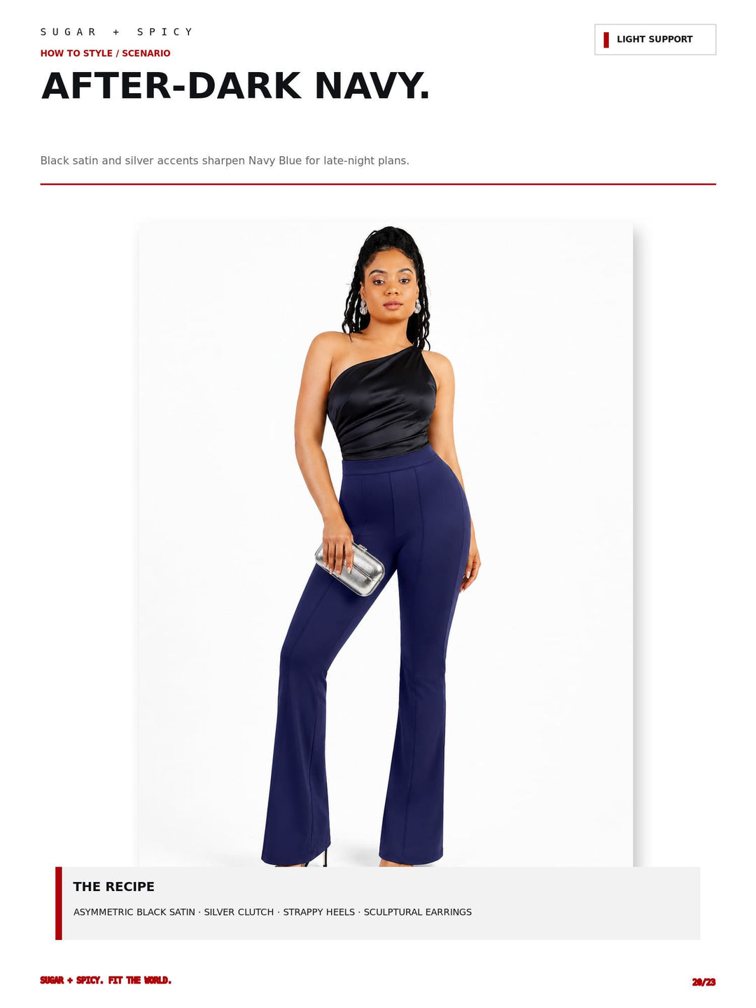 A fashion editorial page showing a woman modeling a one-shoulder navy blue dress with a shiny black bodice and flared legs, styled with silver earrings and a small metallic clutch. The page includes text reading &