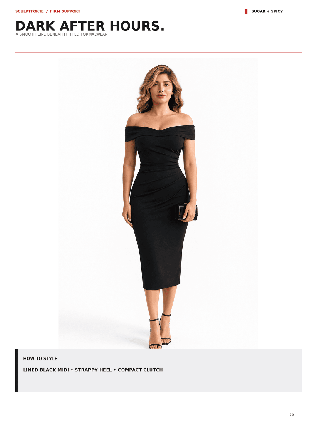 A woman modeling a fitted off-the-shoulder black midi dress against a white background, with printed text at the top and bottom describing the look and styling.